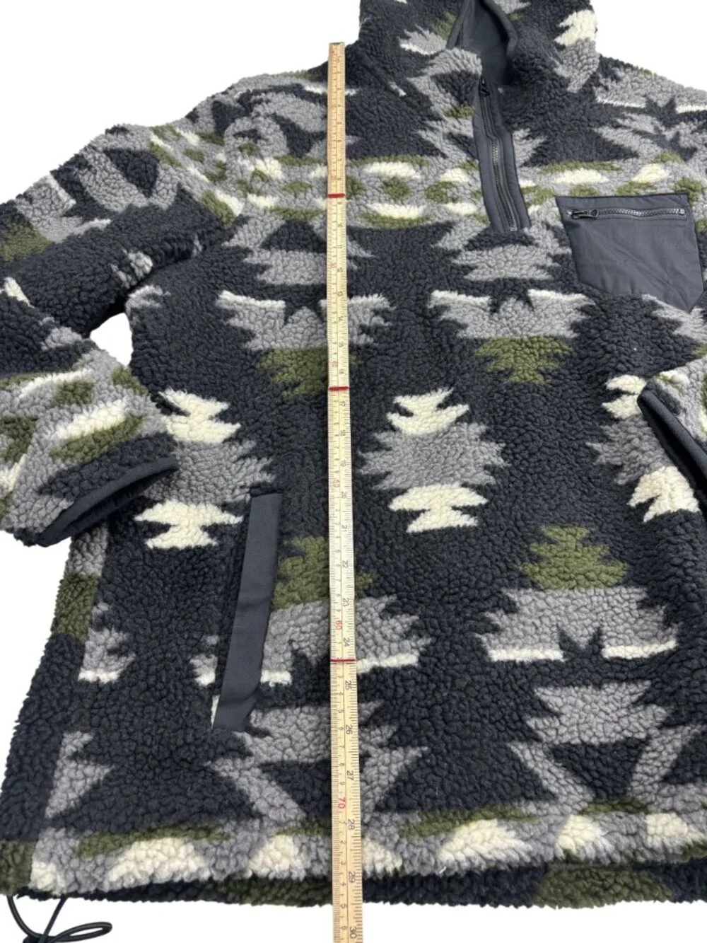 Lucky Brand Mens XL Aztec Pattern Fleece Pullover Hoodie With Zip Pocket Black/G - Picture 5 of 9